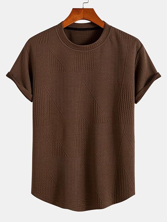 GRECIILOOKS T-Shirt for Men Poly Cotton | Textured Oversized T-Shirt | Round Neck Half Sleeve -L -Brown