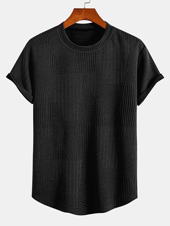 GRECIILOOKS T-Shirt for Men Poly Cotton | Textured Oversized Fit Man  | Round Neck Half Sleeve -L -Black