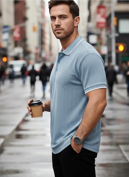 Mack Jonney Men’s Premium Jacquard Polo T-Shirt -Blue-M