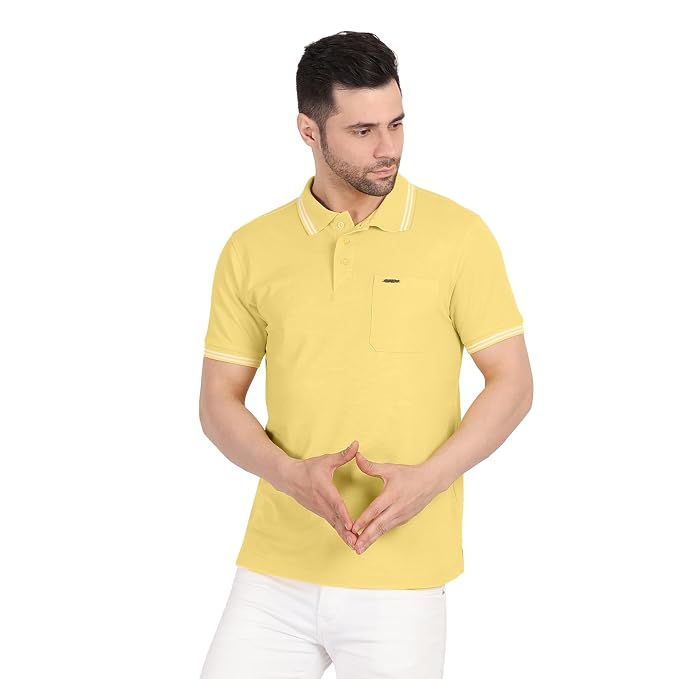Men's Solid Rich Cotton Blend Pocket Polo T-Shirt _Yellow -L