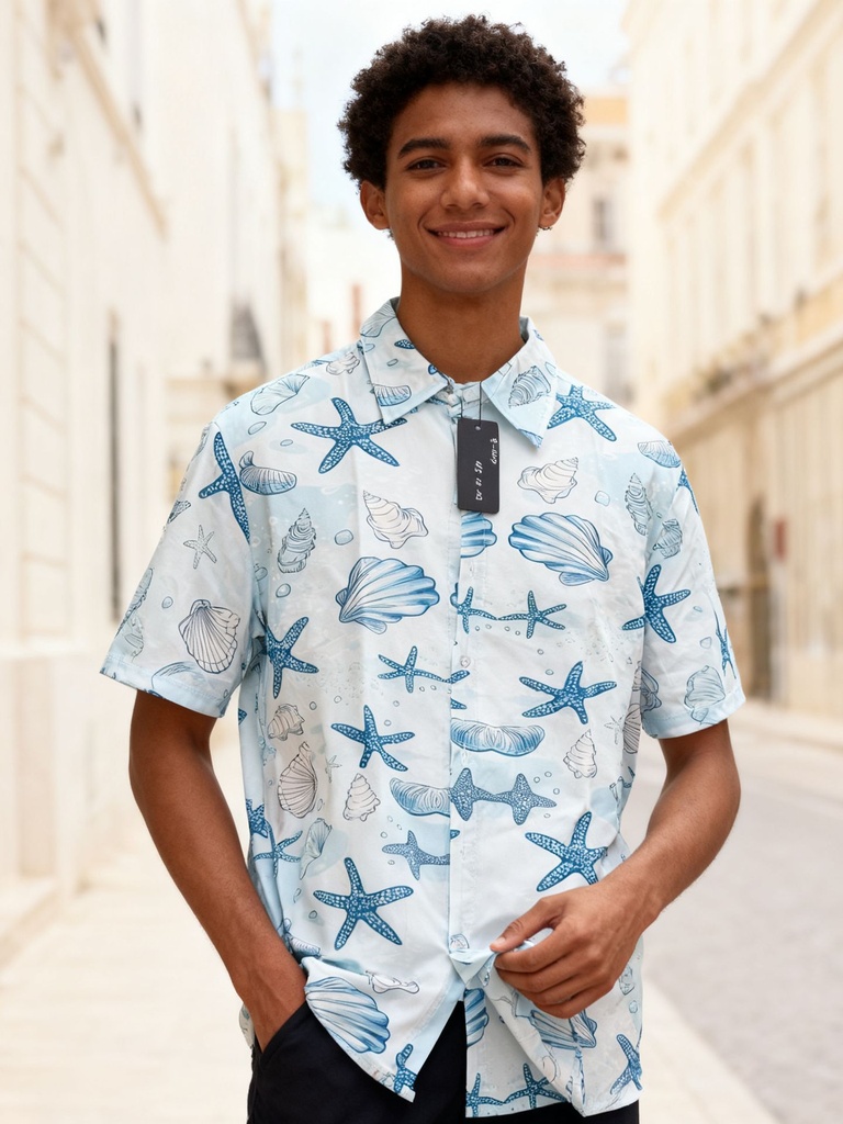 Men's short Sleve Shirt_,Floral _Star Fish &Shell -M